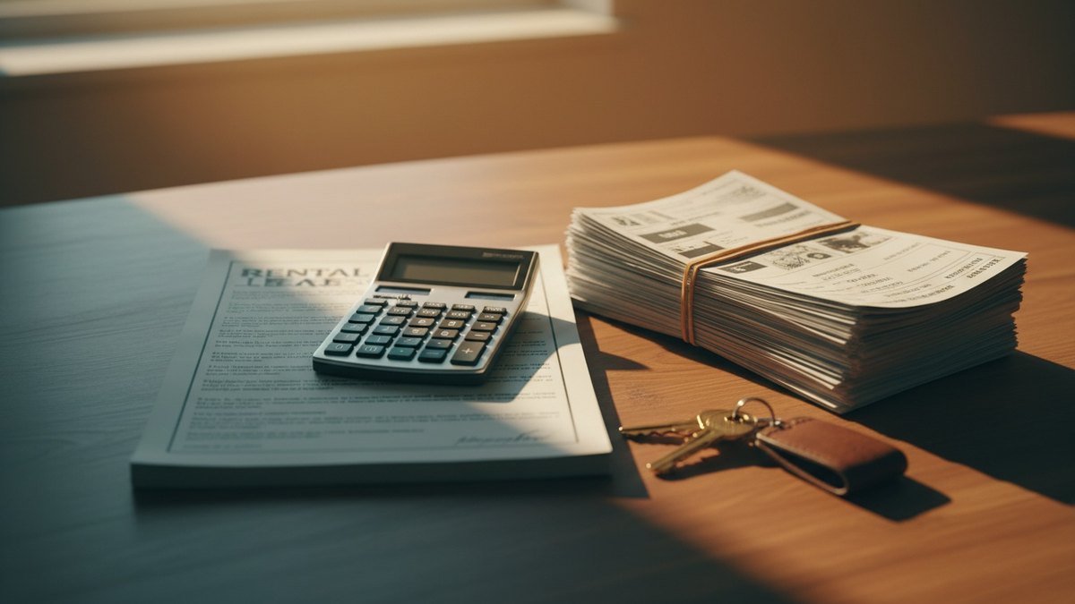 Bureau de propriétaire avec bail, calculatrice, factures de travaux et clés