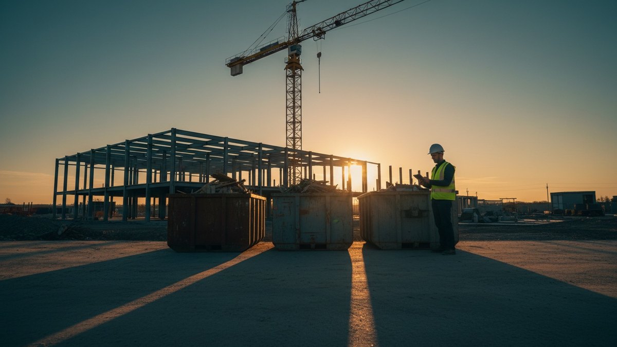 Conducteur de travaux consultant un logiciel de gestion des déchets devant des bennes de tri sur un chantier