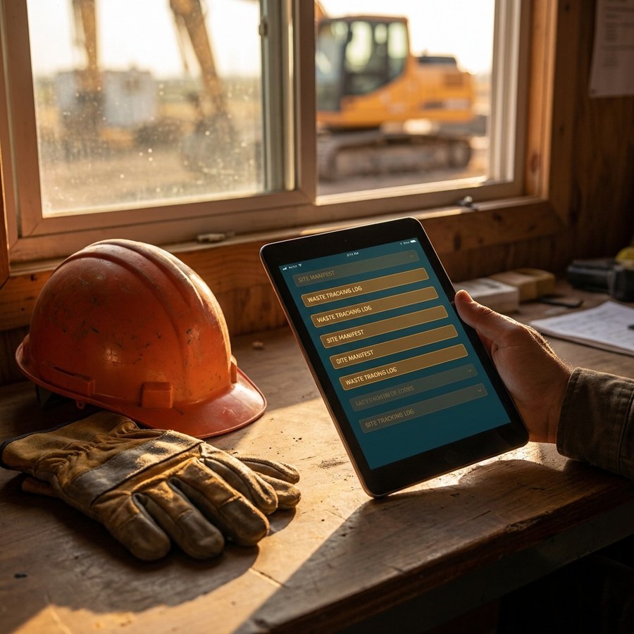 Tablette affichant des bordereaux de suivi de déchets dans un bureau de chantier