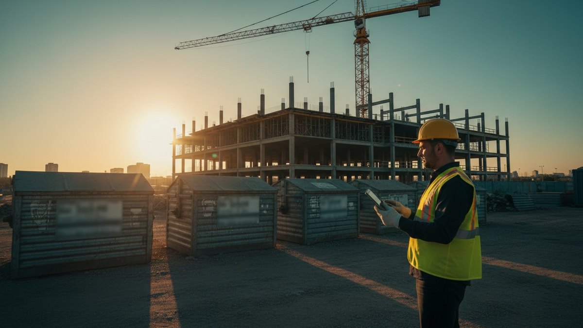 Chantier avec bennes de tri et conducteur de travaux muni d'une tablette