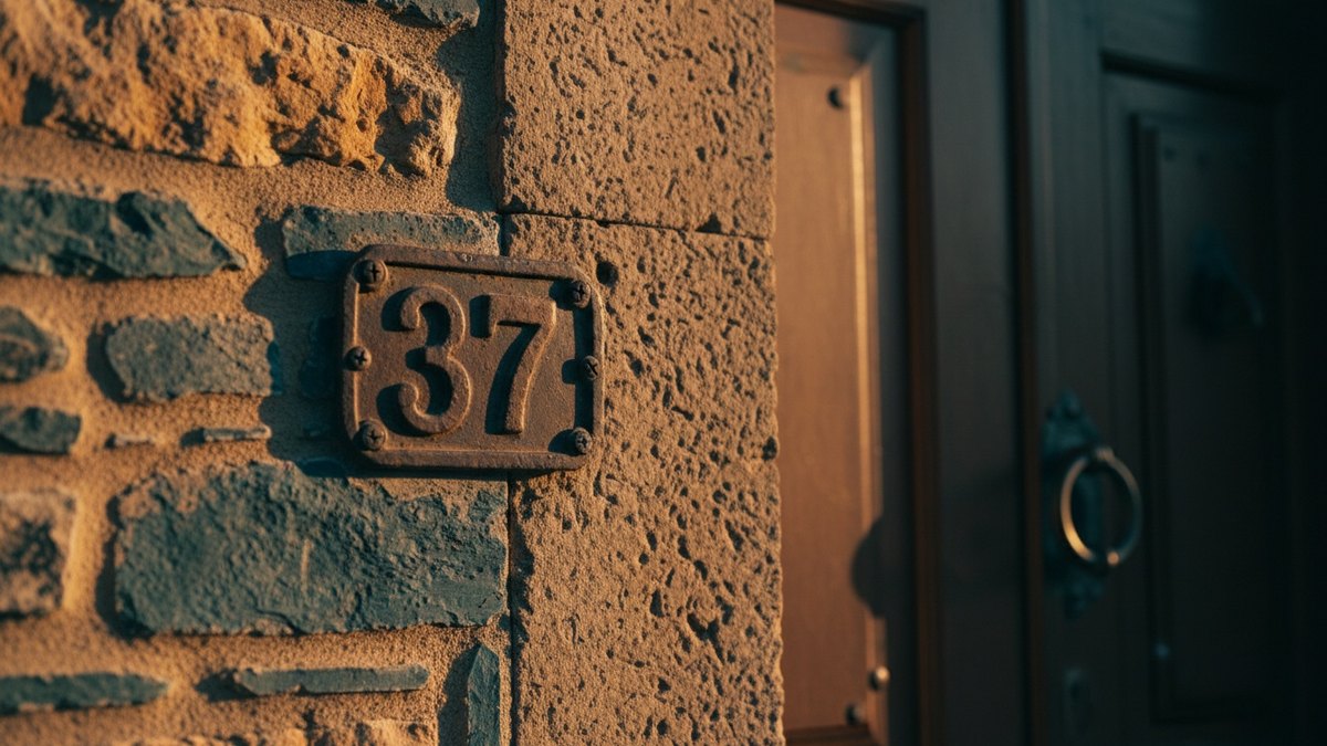 Plaque de numéro de maison fixée sur une façade en pierre à côté d'une porte d'entrée