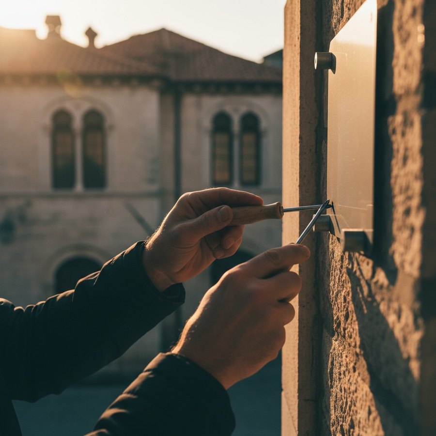 Mains vissant une plaque sur un mur extérieur à l'aide d'entretoises