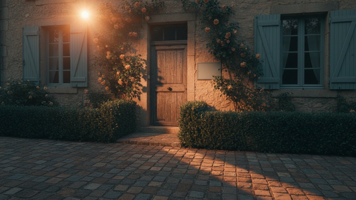 Entrée d'une maison vue depuis la rue avec une plaque de numéro sur le mur