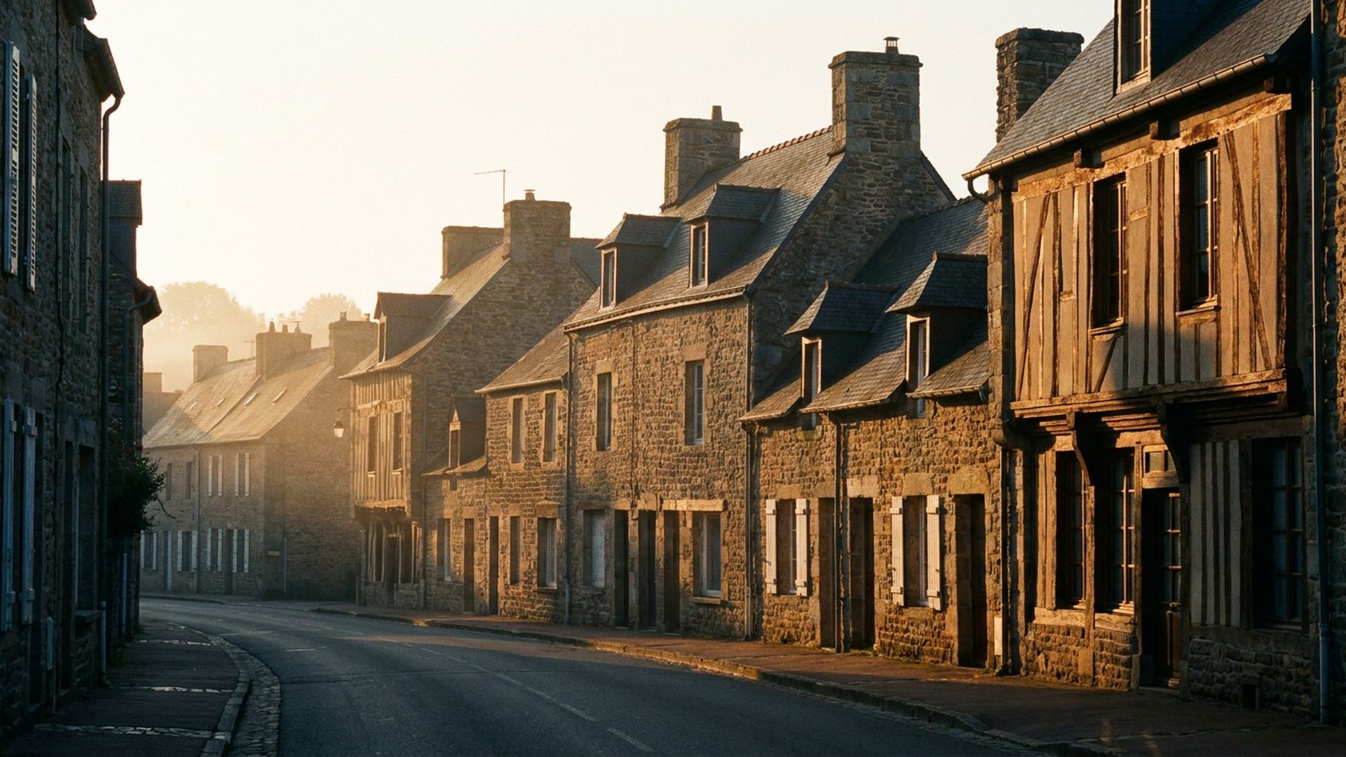 Rue résidentielle bordée de maisons anciennes en pierre au lever du jour, lumière rasante sur les façades